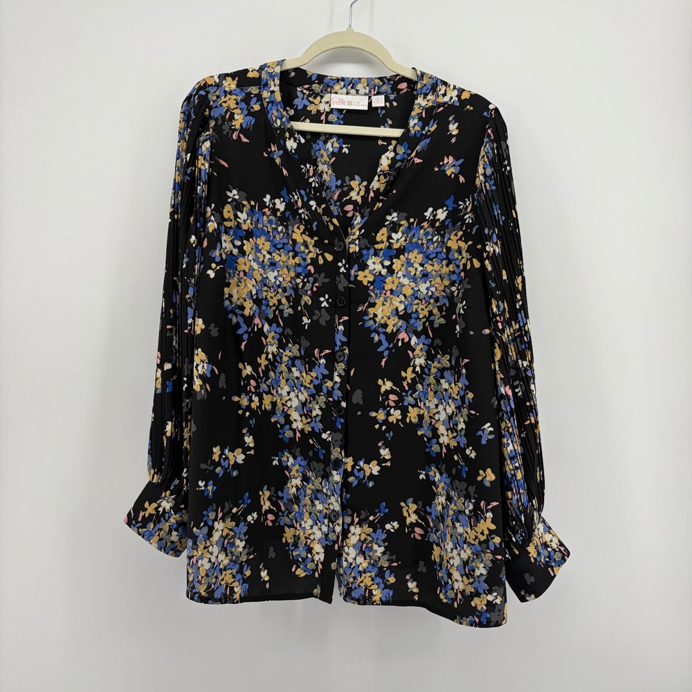 Belle by Kim Gravel Womens 1X Black Floral Blouse Pleated Long Sleeve V-Neck